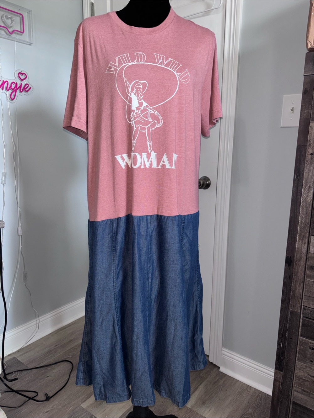 "Wild Woman" upcycled One of A Kind t-shirt midi dress w/ denim skirt size Large
